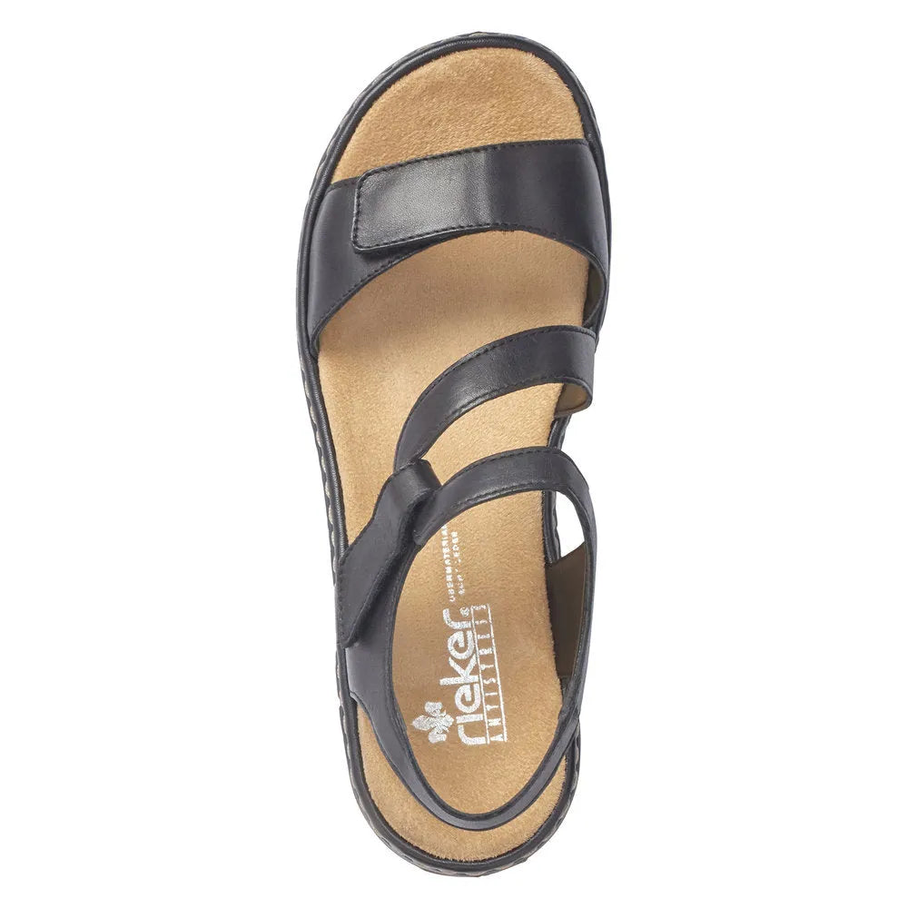Rieker 659C7-00 women's black leather touch fastening sandals with three straps and cushioned insole.