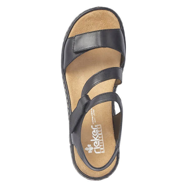 Rieker 659C7-00 women's black leather touch fastening sandals with three straps and cushioned insole.