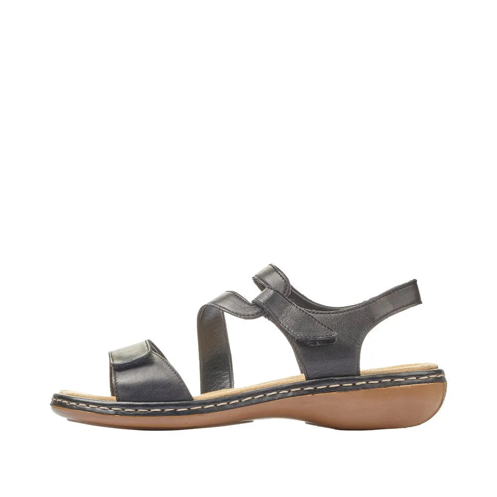 Rieker 659C7-00 women's black leather touch-fastening sandals with adjustable straps and cushioned sole.
