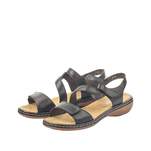 Rieker 659C7-00 women's black leather sandals with touch fastenings, cushioned insole, and low wedge sole.