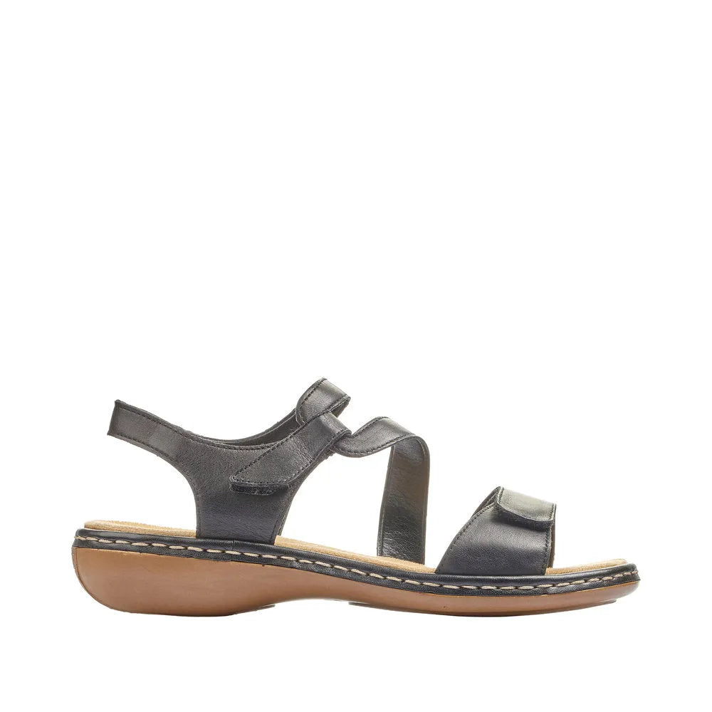 Rieker 659C7-00 women's black leather touch fastening sandals with cushioned sole and low wedge heel.