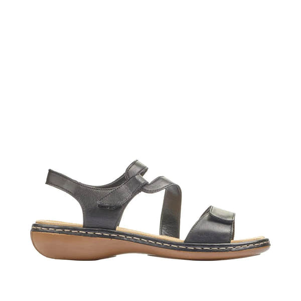 Rieker 659C7-00 women's black leather touch fastening sandals with cushioned sole and low wedge heel.