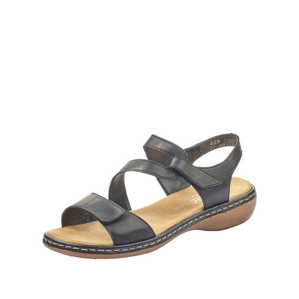Rieker 659C7-00 women's black leather touch-fastening sandals with cushioned sole and low wedge heel.