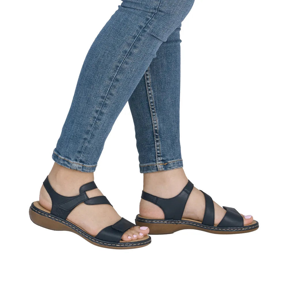 Rieker 659C7-16 ladies Pacific blue leather touch fastening sandals, open-toe, cushioned sole, with adjustable straps and contrast stitching.