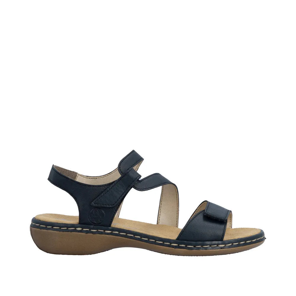 Pacific blue leather sandals with touch fastening, adjustable straps, and a cushioned footbed for comfort.