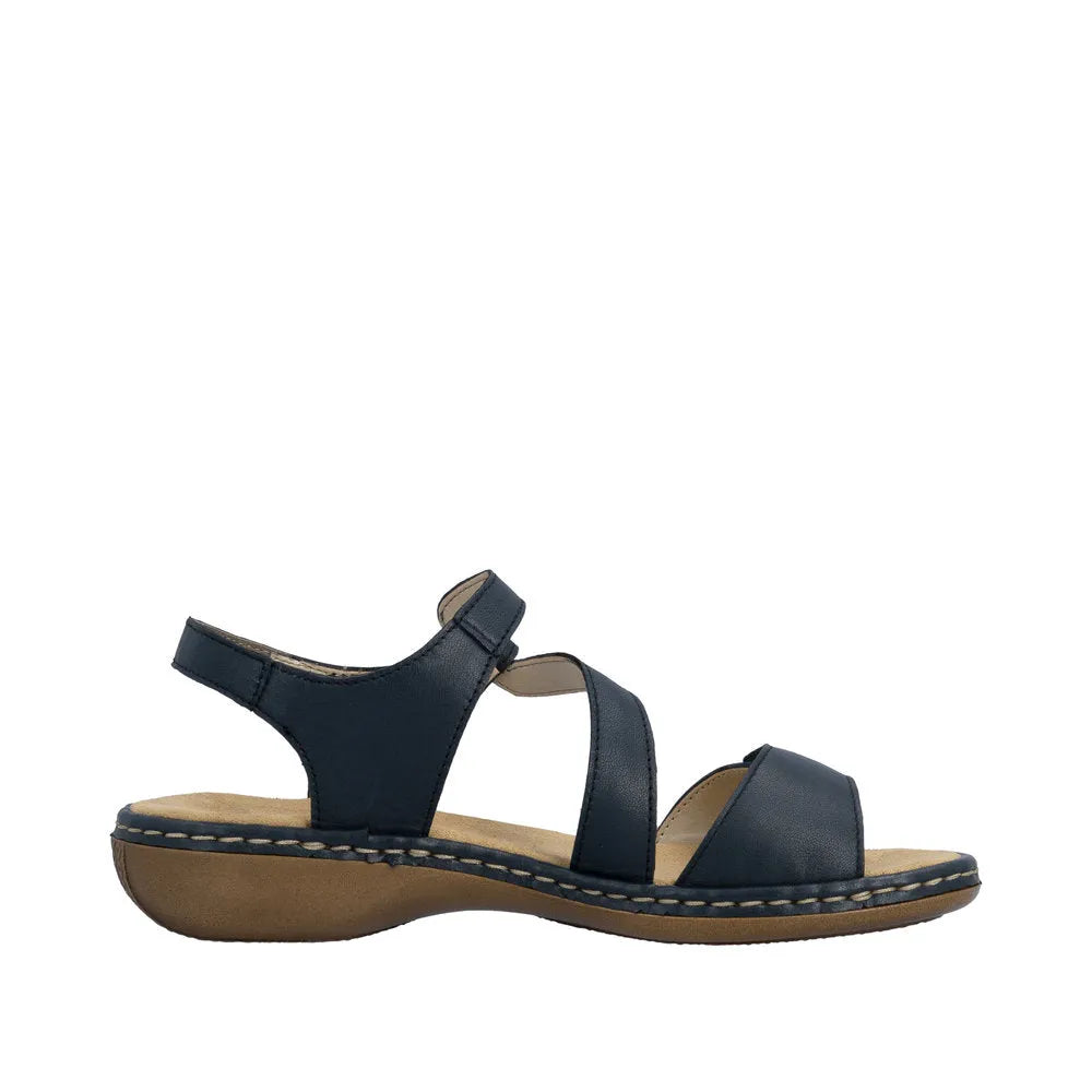 Pacific blue leather sandals with touch fastening, featuring open toe, adjustable strap, and cushioned sole.