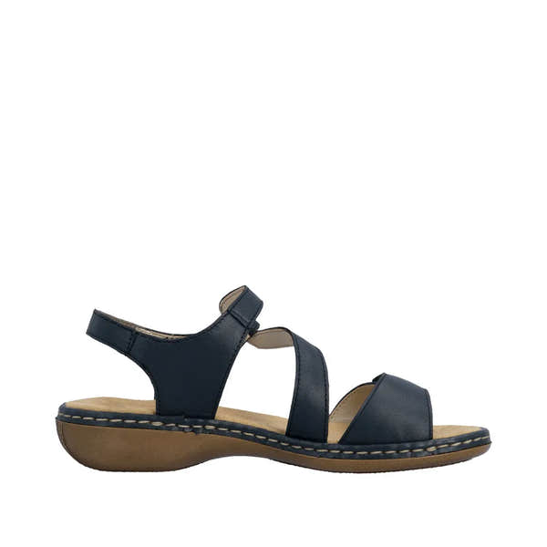 Pacific blue leather sandals with touch fastening, featuring open toe, adjustable strap, and cushioned sole.