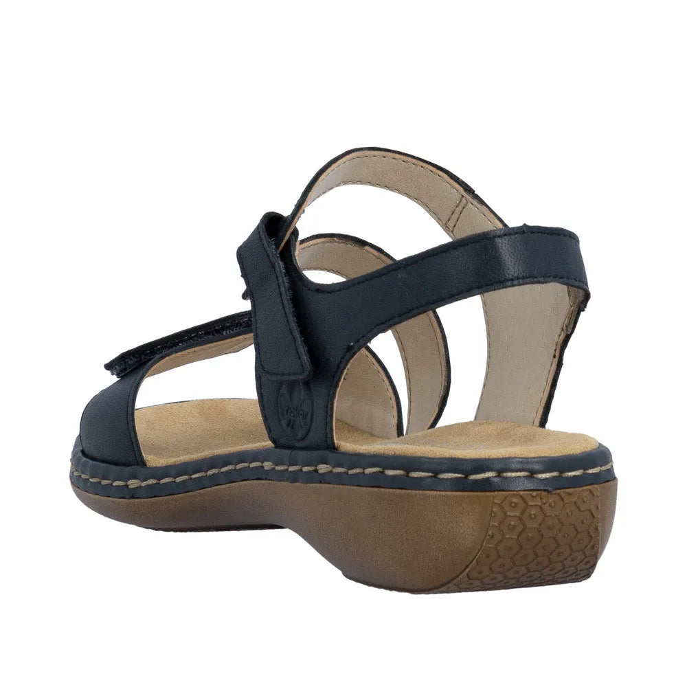 Pacific blue leather sandals with touch fastening, open design, and cushioned footbed for comfort.