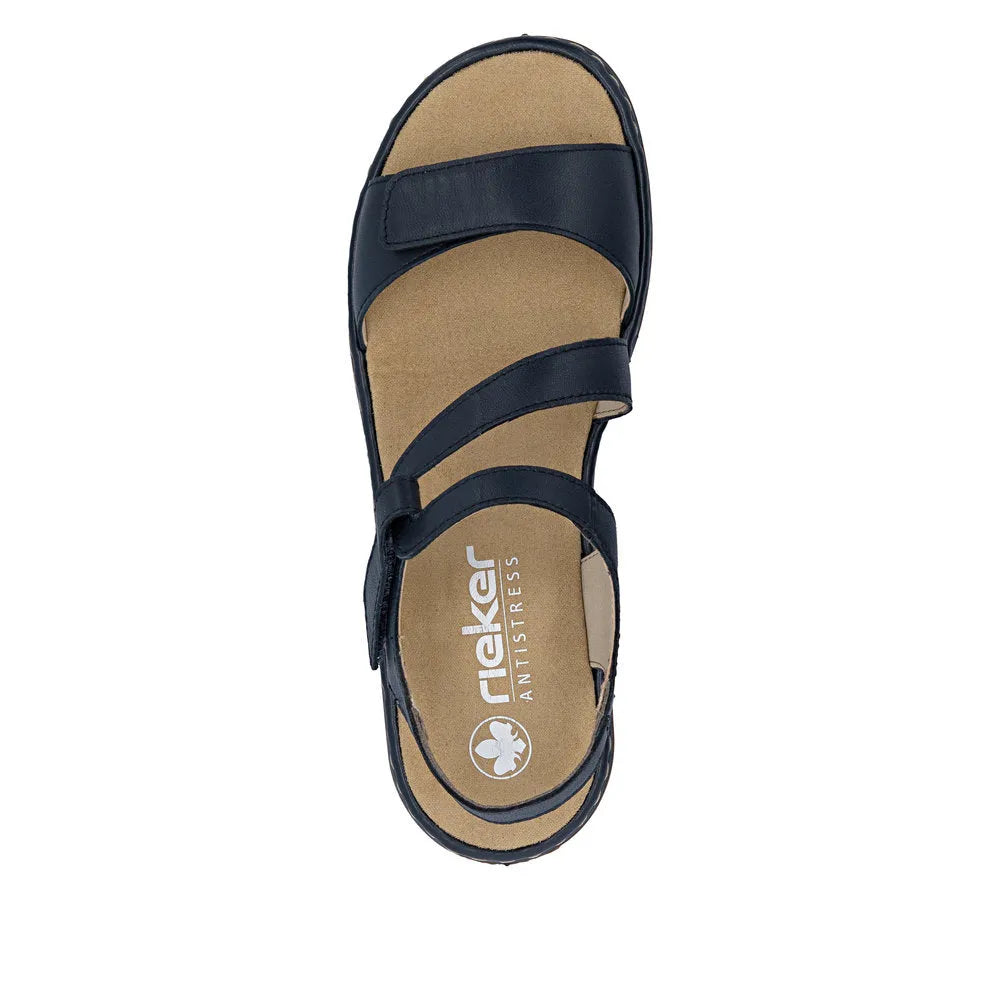 Rieker ladies Pacific Blue leather touch-fastening sandals with three adjustable straps and a cushioned insole.