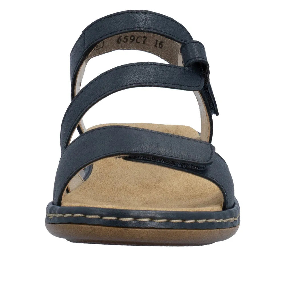 Pacific blue leather sandals with touch fastening, featuring stylish straps and a comfortable cushioned footbed.