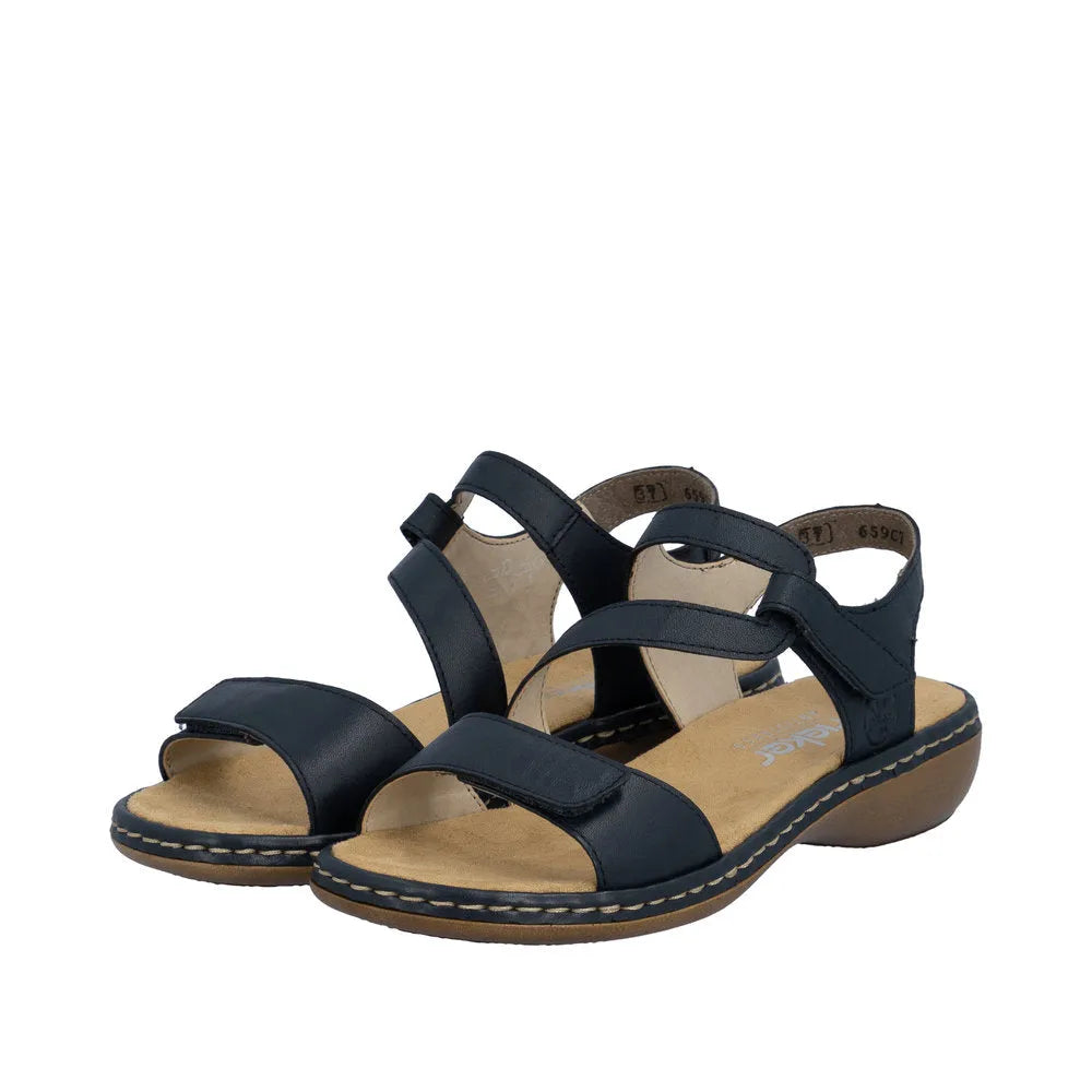 Pacific blue leather touch fastening sandals with adjustable straps and cushioned footbed for comfort.