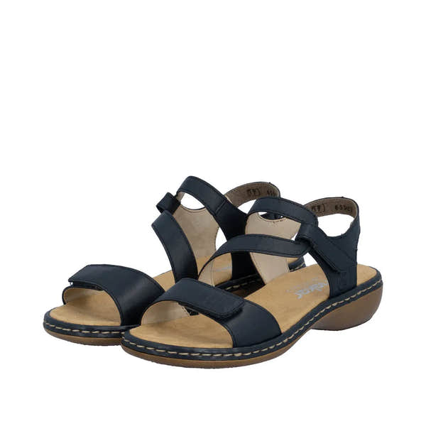 Pacific blue leather touch fastening sandals with adjustable straps and cushioned footbed for comfort.