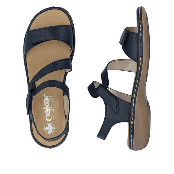 Rieker 659C7-16 navy leather touch fastening ladies sandals with cushioned beige insoles and sturdy rubber soles.