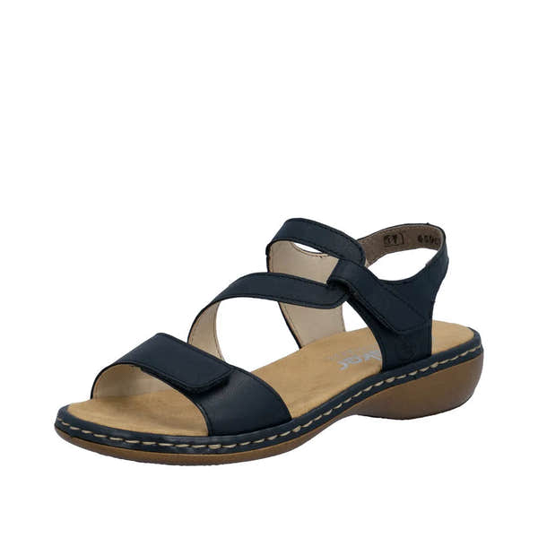 Pacific blue leather sandals with touch fastening, featuring cross straps and a comfortable cushioned footbed.