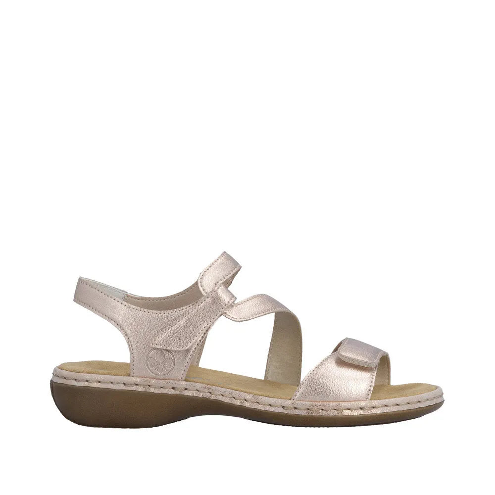 Rieker 659C7-89 ladies copper leather sandals with touch-fastening straps and a cushioned sole.