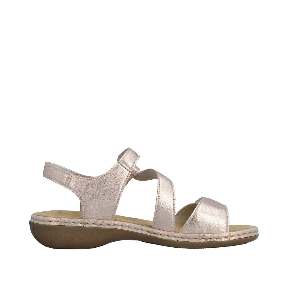Ladies' copper leather sandals with touch fastening, featuring three straps and a comfortable wedge sole.