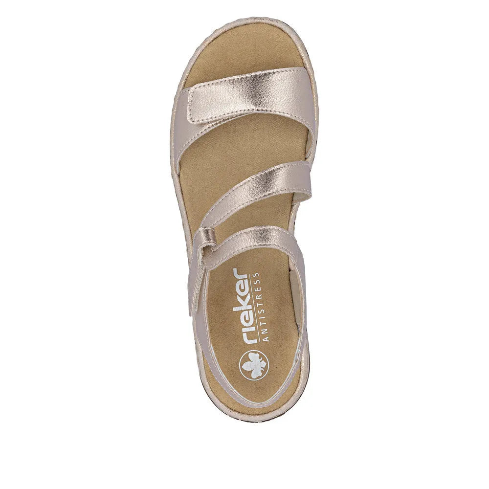 Rieker women's copper leather touch fastening sandals with three straps and a cushioned insole.
