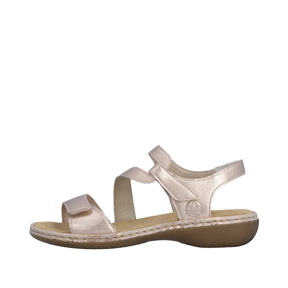 Rieker 659C7-89 ladies copper leather touch fastening sandals with open toe and cushioned sole.