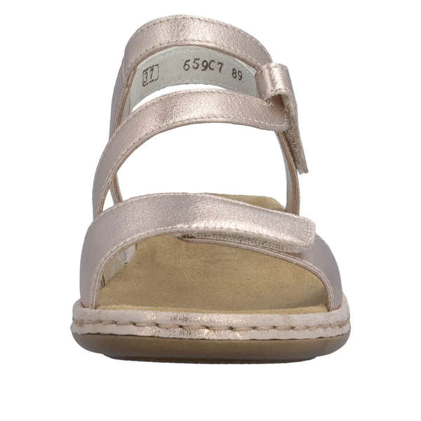 Rieker 659C7-89 ladies copper leather touch fastening sandals with open toe and sole detail.