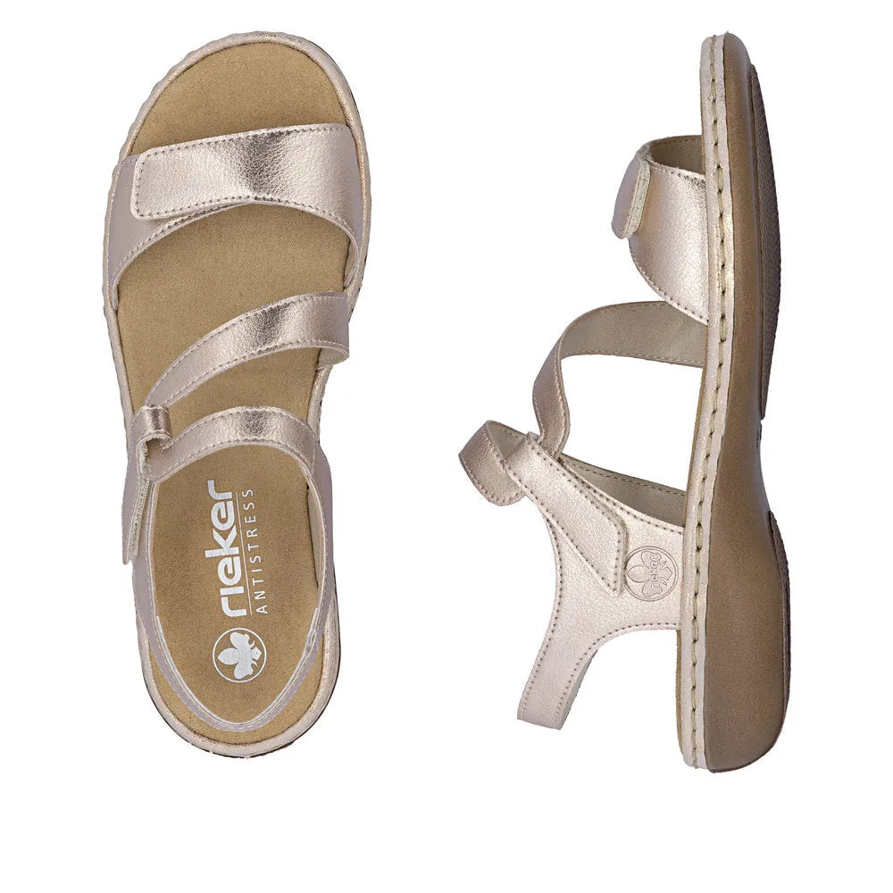 Rieker 659C7-89 ladies copper leather touch fastening sandals with ankle straps and cushioned insoles.