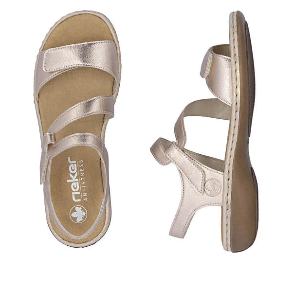 Rieker 659C7-89 ladies copper leather touch fastening sandals with ankle straps and cushioned insoles.