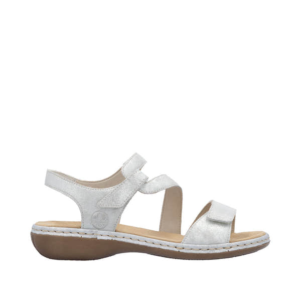 Rieker 659C7-93 Ladies Silver Leather Touch Fastening Sandals with ankle strap and cushioned sole.