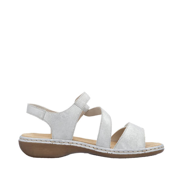 Rieker 659C7-93 women's silver leather touch-fastening sandals with open toe design and cushioned sole.