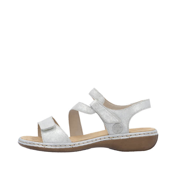 Rieker 659C7-93 women's silver leather touch fastening sandals, cushioned footbed, adjustable straps, low wedge sole.