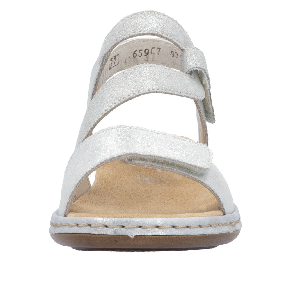 Rieker 659C7-93 ladies silver leather touch fastening sandals, open-toe design with adjustable straps.