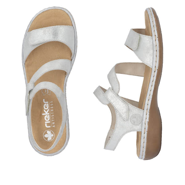 Rieker 659C7-93 women's silver leather touch fastening sandals with cushioned footbed and open toe design.