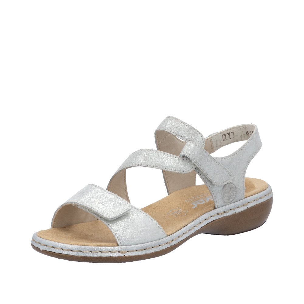 Rieker 659C7-93 Ladies Silver Leather Touch Fastening Sandals with adjustable straps and cushioned insole.