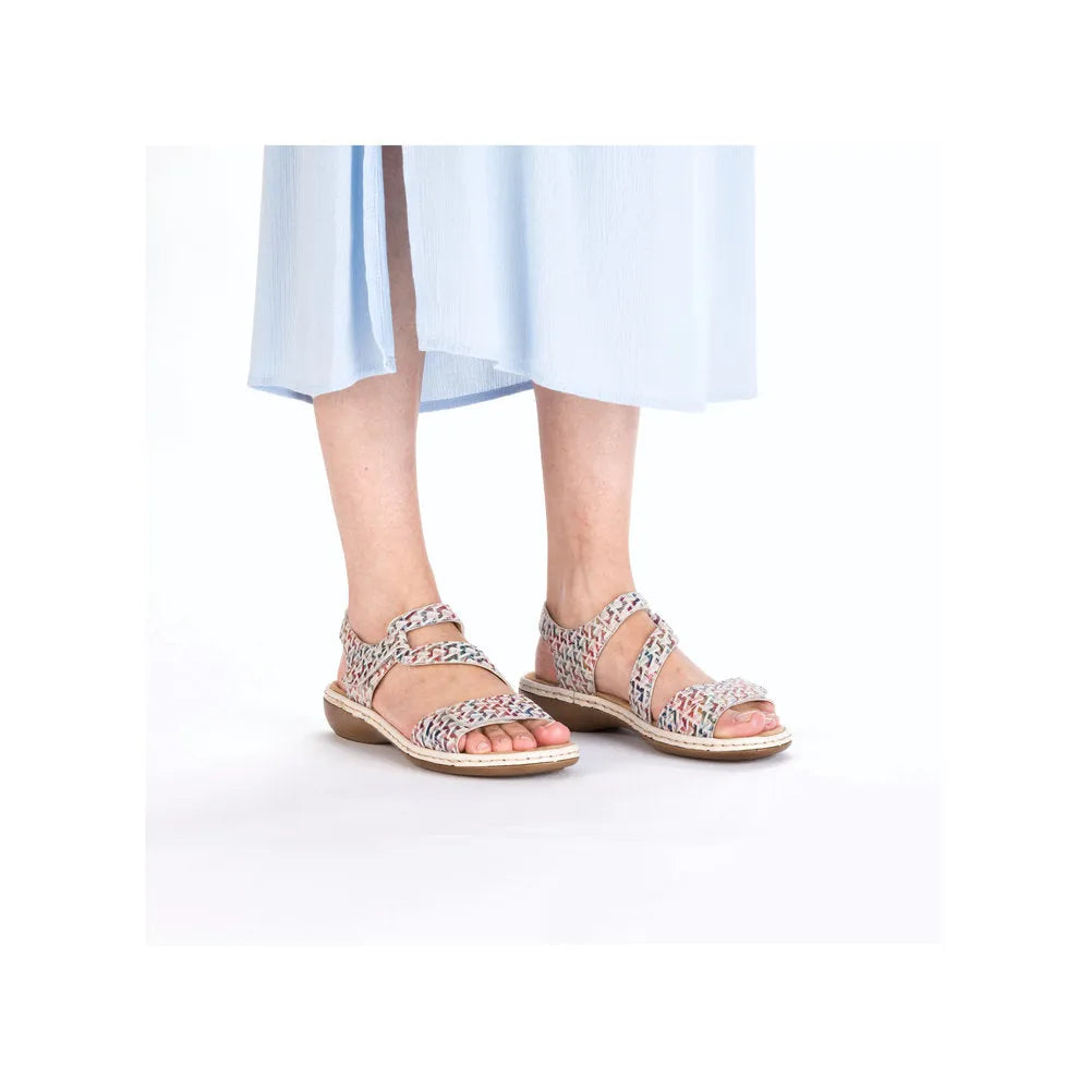 Rieker 659C7-94 ladies multi suede touch fastening sandals with patterned straps and low wedge heel.