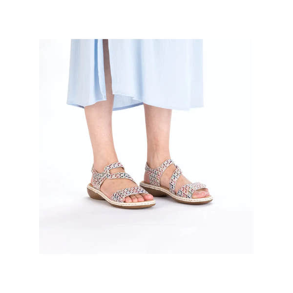 Rieker 659C7-94 ladies multi suede touch fastening sandals with patterned straps and low wedge heel.