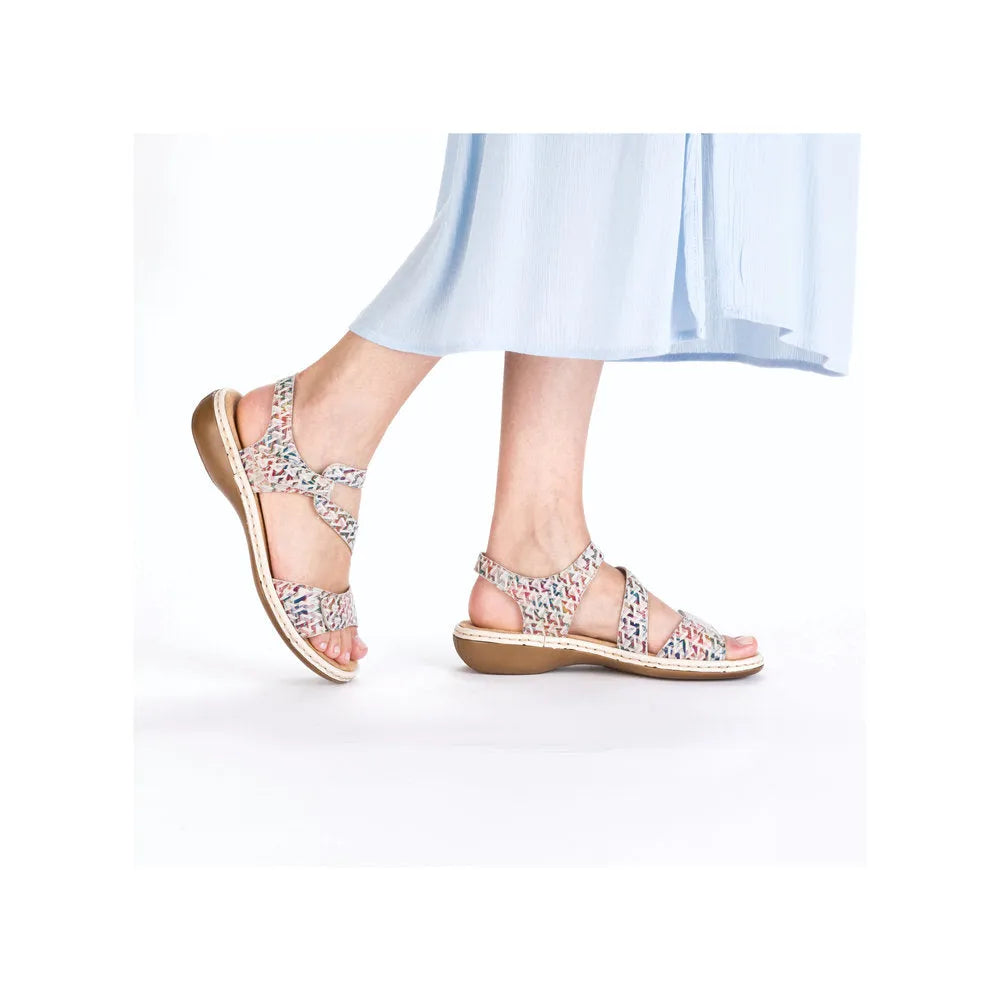 Rieker 659C7-94 ladies multi-colored suede touch fastening sandals with comfortable sole.