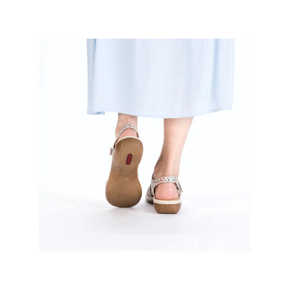 Rieker 659C7-94 ladies multi suede sandals with touch fastenings, wedge heel, and open toe design.