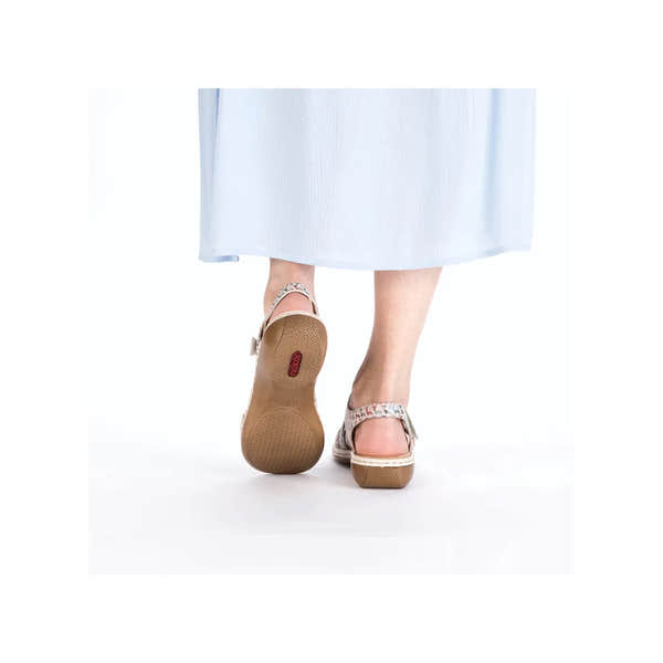 Rieker 659C7-94 ladies multi suede sandals with touch fastenings, wedge heel, and open toe design.