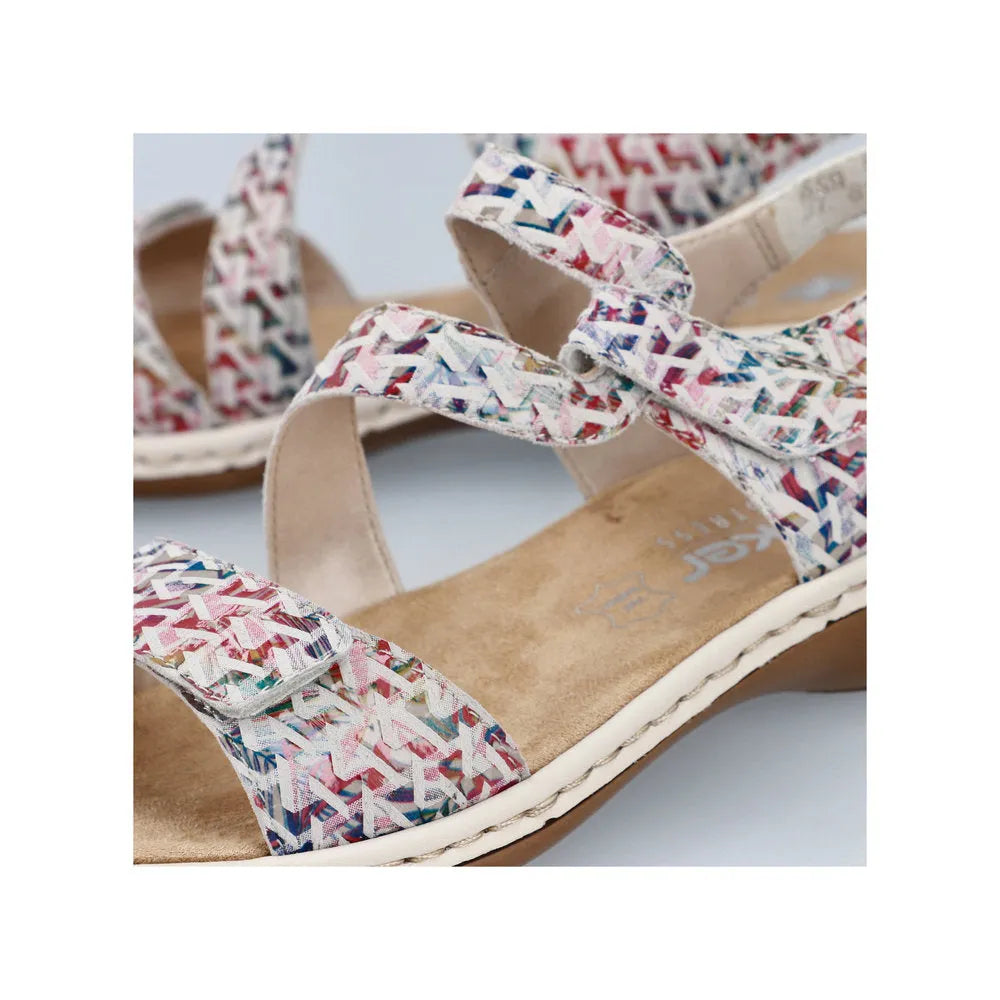 Rieker 659C7-94 Ladies Multi Suede Touch Fastening Sandals with patterned straps and cushioned insole.