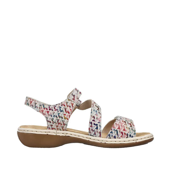 Rieker 659C7-94 Ladies Multi Suede Touch Fastening Sandals with patterned straps and cushioned barefoot sole.