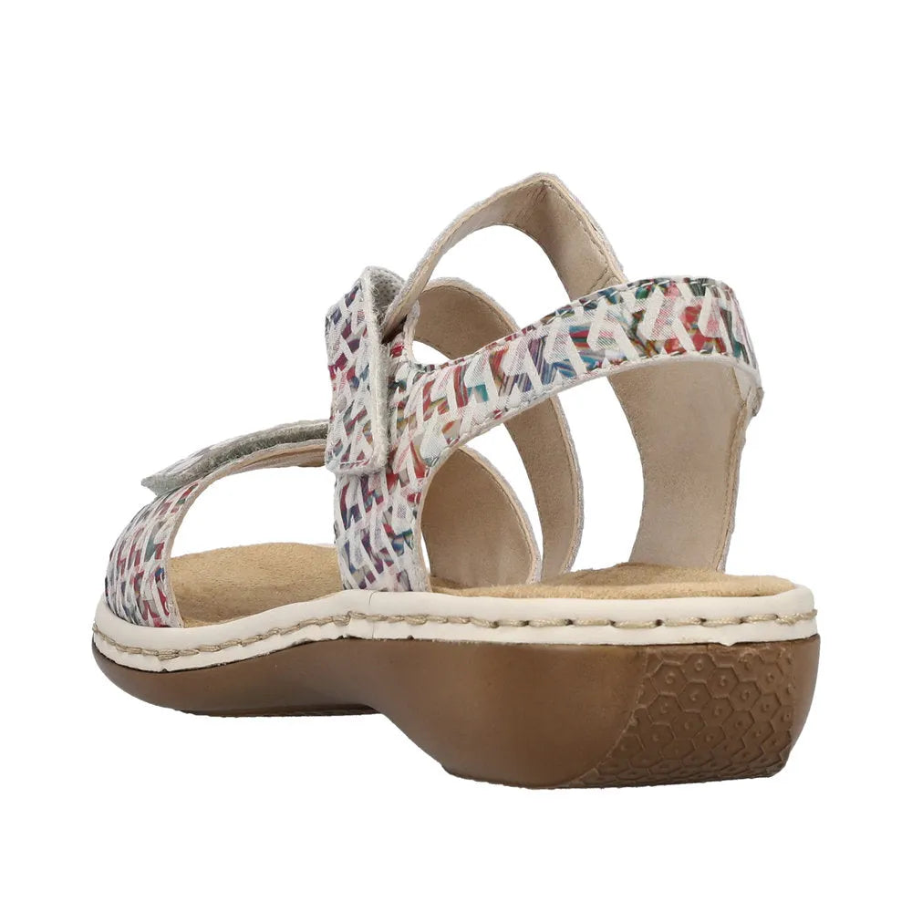 Rieker 659C7-94 women's multi-colored suede touch fastening sandals with cushioned insole and slip-resistant outsole.