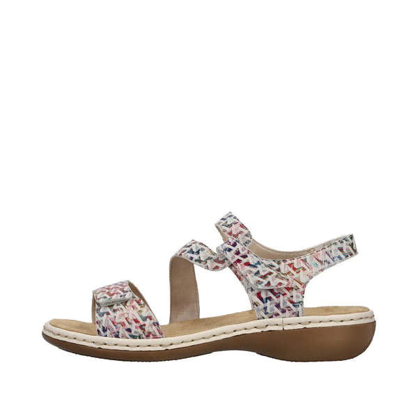Rieker 659C7-94 women's multi-color suede touch fastening sandals with ergonomic sole and ankle strap.