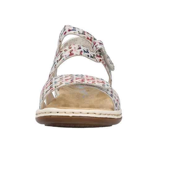Rieker 659C7-94 ladies multi-colored suede touch fastening sandals with open toe and cushioned sole.