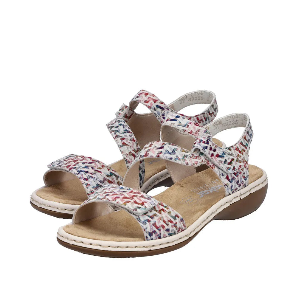 Rieker 659C7-94 ladies multicolor suede touch fastening sandals with crisscross straps and cushioned footbed.