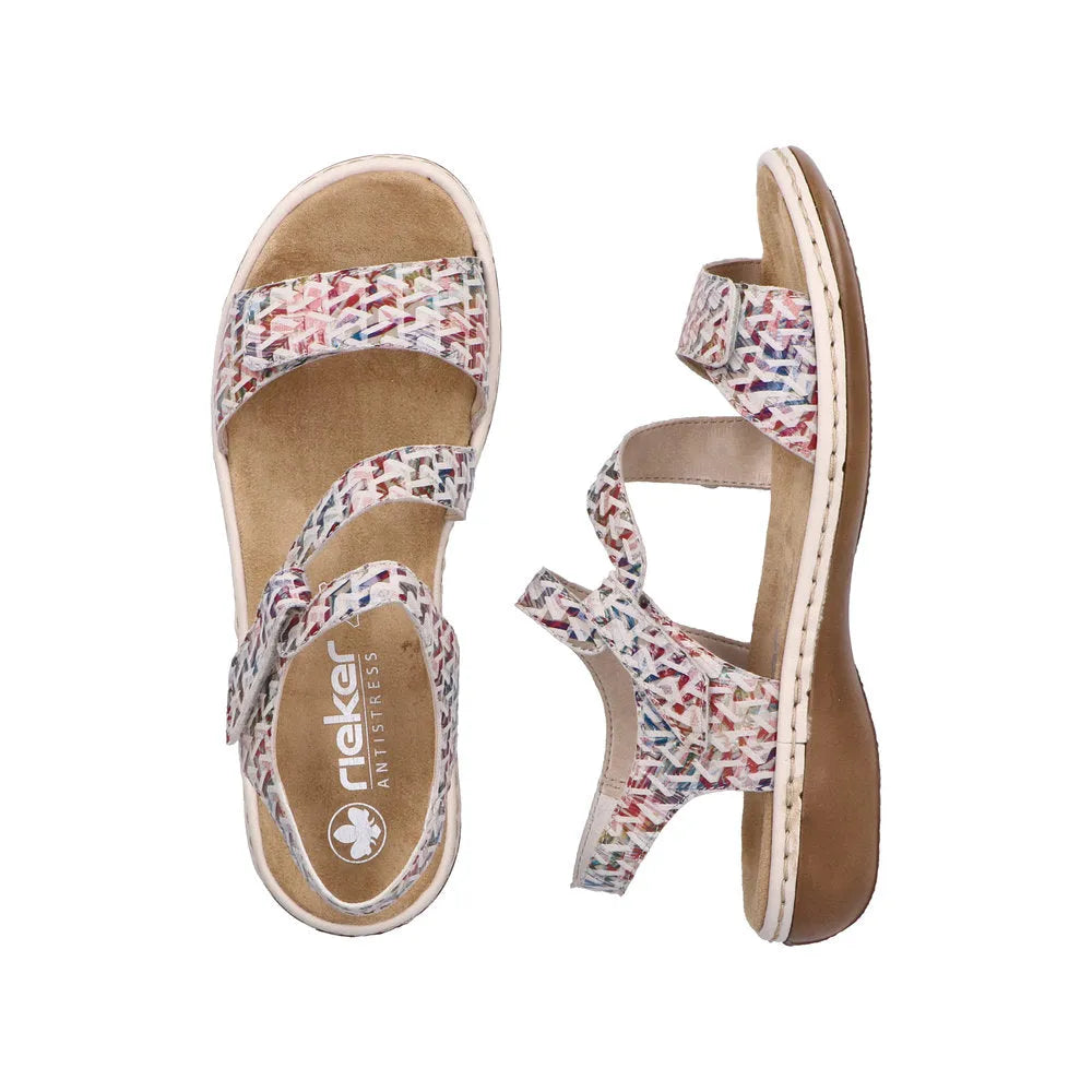 Rieker 659C7-94 Ladies Multi Suede Touch Fastening Sandals, cushioned insole, adjustable straps, multi-color design.
