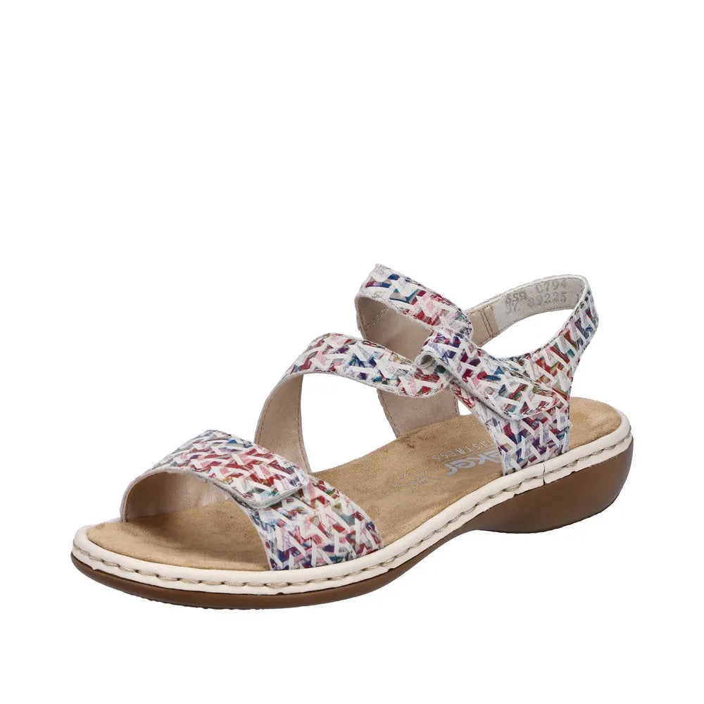 Rieker 659C7-94 ladies multi suede touch fastening sandals with cushioned footbed and chunky sole.