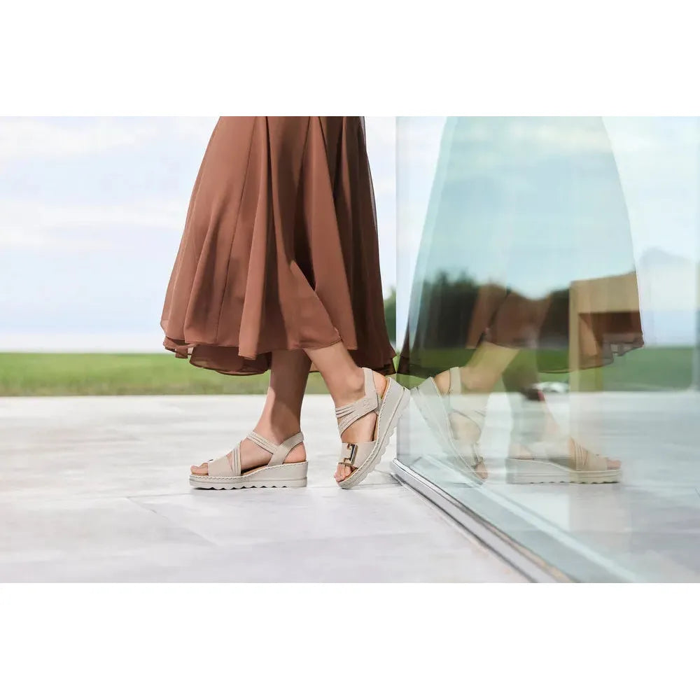 Rieker 67410-62 ladies beige touch fastening sandals, open-toe summer footwear, chunky wedge heel, adjustable strap, stylish and comfortable.