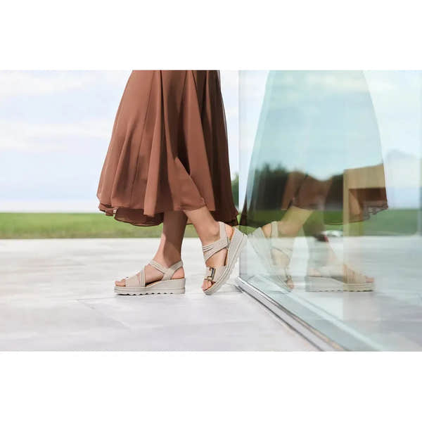 Rieker 67410-62 ladies beige touch fastening sandals, open-toe summer footwear, chunky wedge heel, adjustable strap, stylish and comfortable.