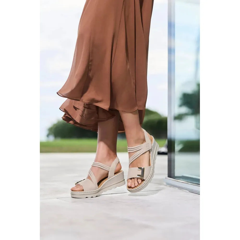 Rieker 67410-62 beige touch fastening ladies' sandals with chunky sole and adjustable straps.
