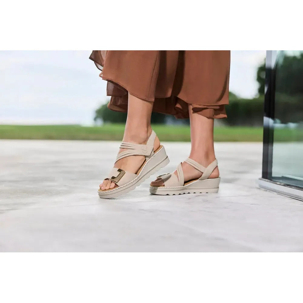Rieker 67410-62 women's beige touch fastening sandals, open-toe wedges with adjustable straps and chunky sole.