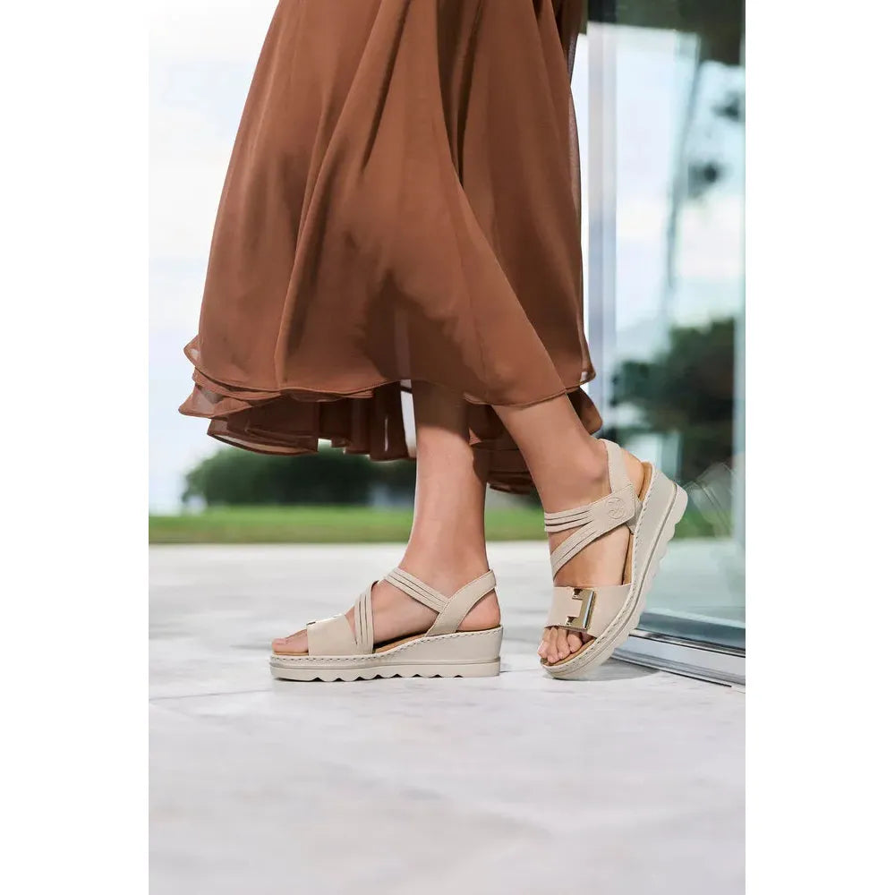 Rieker 67410-62 beige ladies touch fastening sandals with chunky sole and ankle strap, stylish comfort footwear.