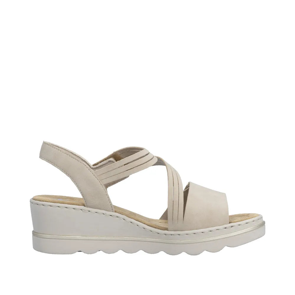 Rieker 67410-62 women's beige touch fastening wedge sandals with adjustable strap and cushioned insoles.